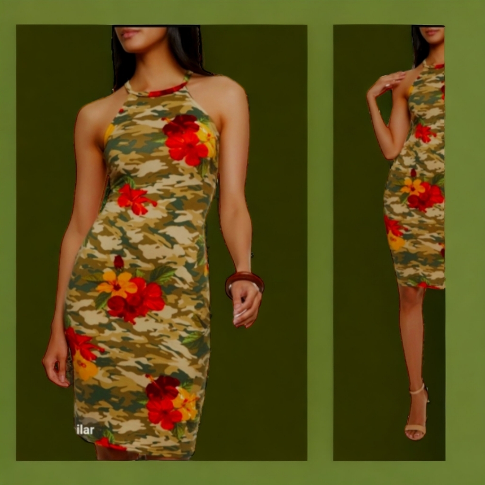 Camo Floral Print Cami Dress - Olive